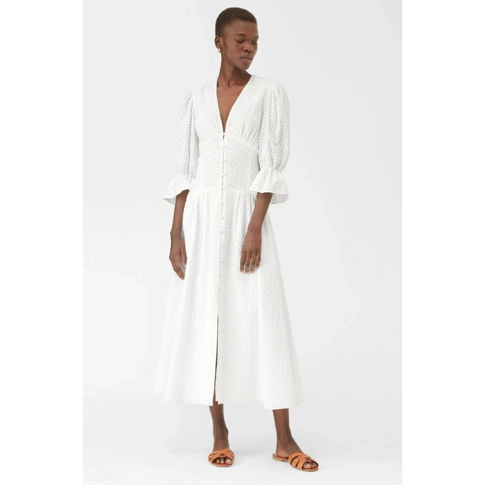 NWT La Vie Rebecca Taylor Leaf Embroidered in Milk White Button Front Dress XS